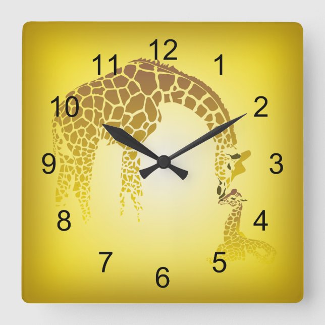Mother and Cute Baby Giraffe | yellow Square Wall Clock (Front)