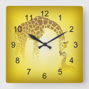 Mother and Cute Baby Giraffe yellow Square Wall Clock