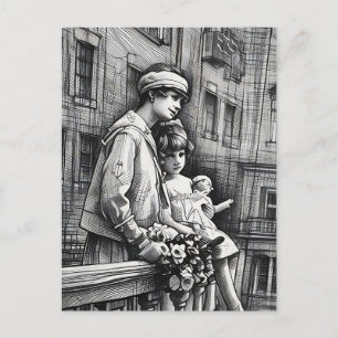 Mother and daughter abstract drawing art postcard
