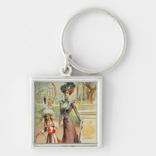 Mother and daughter on a walk (colour litho) key ring