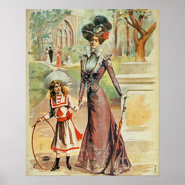 Mother and daughter on a walk (colour litho) poster (Front)