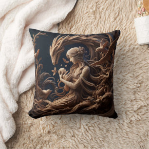 Mother and Dragon Embrace in Whimsical Forest Cushion