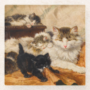 Mother and Her Kittens Glass Coaster
