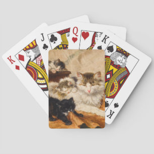 Mother and Her Kittens Playing Cards