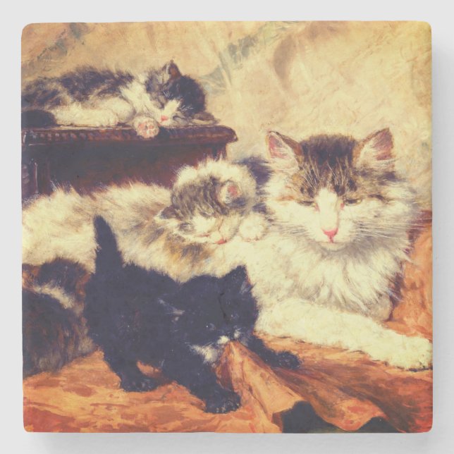 Mother and Her Kittens Stone Coaster (Front)