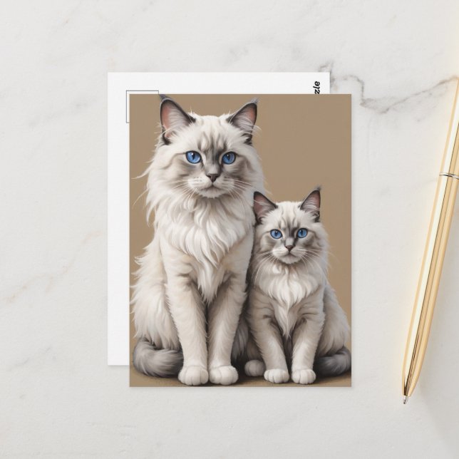 Mother and Kitten Ragdoll Cat Artwork Heartwarming Postcard (Front/Back In Situ)