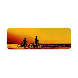 Mother and son biking at beach return address label