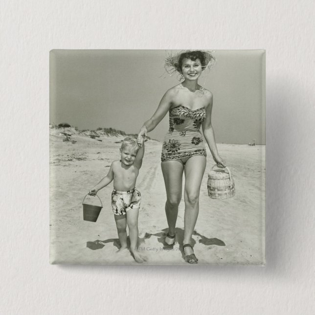 Mother and Son Walking 15 Cm Square Badge (Front)