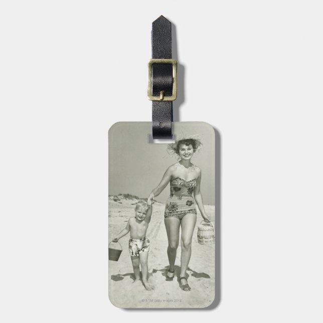 Mother and Son Walking Luggage Tag (Front Vertical)