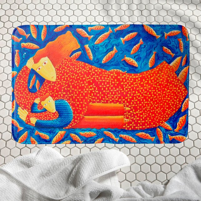Mother And Son With Goldfish Modern Art Painting Bath Mat (Creator Uploaded)
