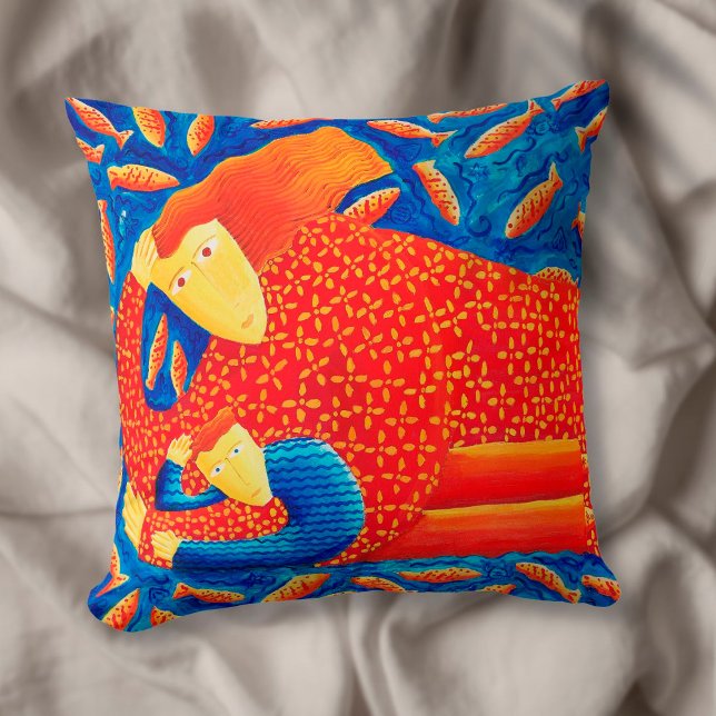 Mother And Son With Goldfish Modern Art Painting Cushion (Creator Uploaded)