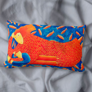 Mother And Son With Goldfish Modern Art Painting Lumbar Cushion