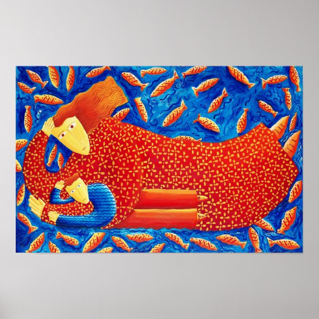 Mother And Son With Goldfish Painting Art Print (Front)