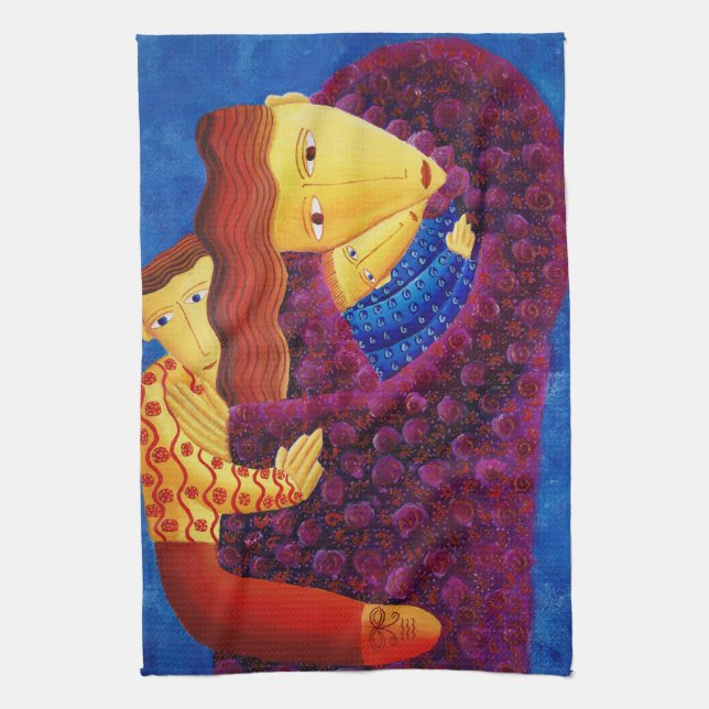 Mother and Sons Contemporary Family Painting Tea Towel (Vertical)