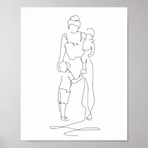 Mother and Sons Line Art, Line Drawing, Gift for Poster