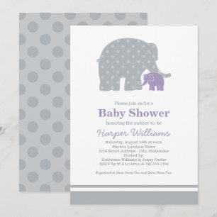Mother Baby Elephant Purple Grey Baby Shower Invitation
