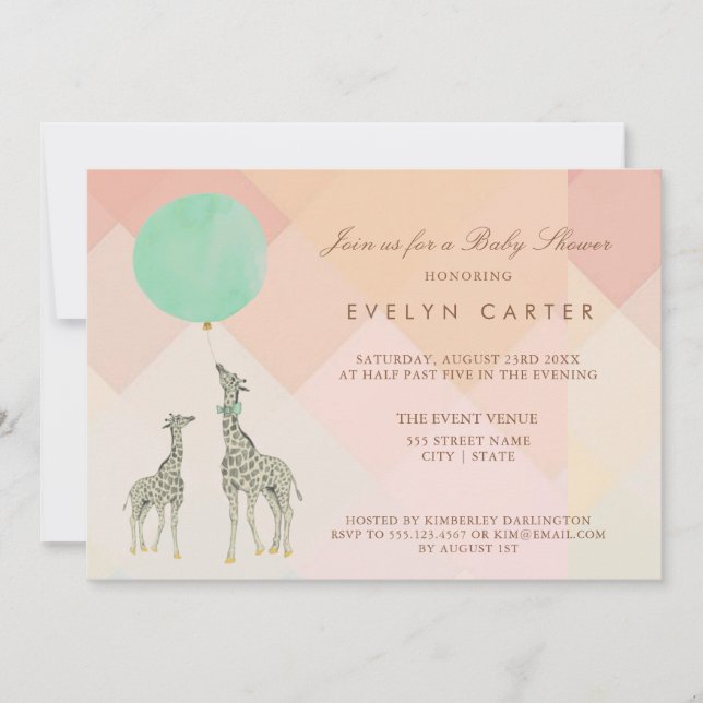 MOTHER & BABY GIRAFFE & BALLOON | BABY SHOWER INVITATION (Front)