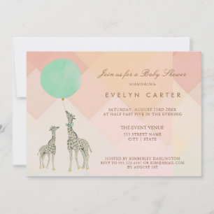 MOTHER & BABY GIRAFFE & BALLOON   BABY SHOWER INVITATION