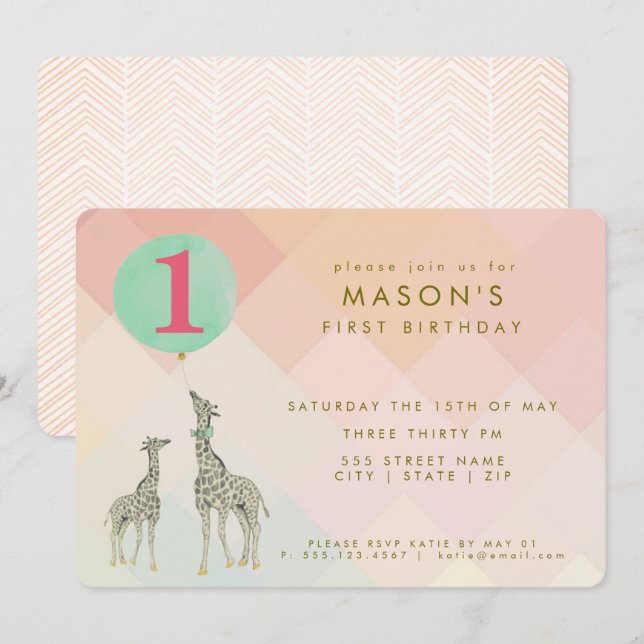 MOTHER & BABY GIRAFFE & BALLOON | BIRTHDAY INVITATION (Front/Back)