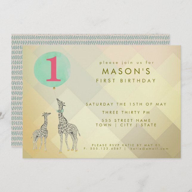 MOTHER & BABY GIRAFFE & BALLOON | BIRTHDAY INVITATION (Front/Back)