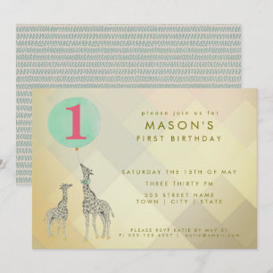 MOTHER & BABY GIRAFFE & BALLOON   BIRTHDAY INVITATION