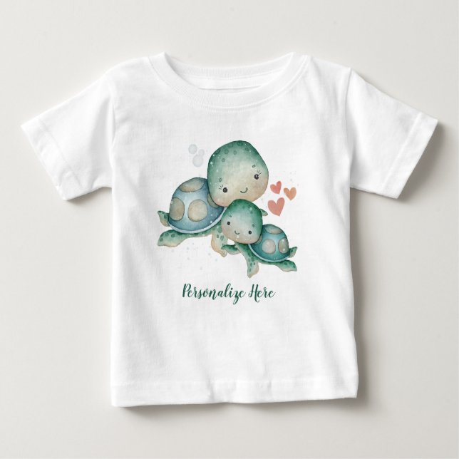 Mother Baby Sea Turtles Ocean Life Personalised Baby T-Shirt (Front)