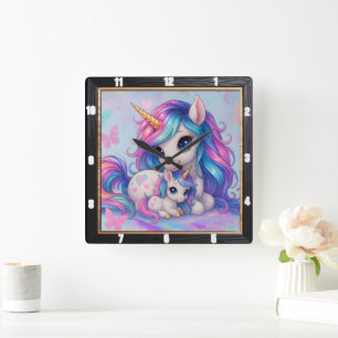 Mother Baby Unicorn Rainbow  Square Wall Clock