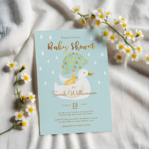 Mother & Baby Yellow Ducky Umbrella Light Blue Invitation