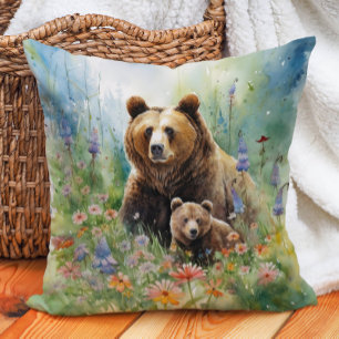 Mother Bear Cub Field of Flowers Painting Cushion