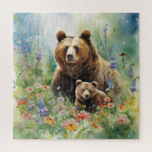 Mother Bear Cub Field of Flowers Painting Jigsaw Puzzle