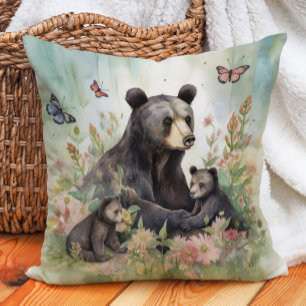Mother Bear Cubs Butterflies Flowers Painting Cushion