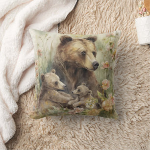 Mother Bear Cubs Pink Flowers Nature Painting Cushion