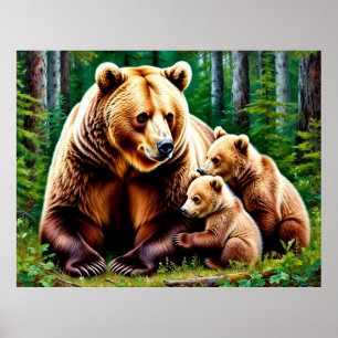 Mother Bear With Cubs in a Forest Setting Poster