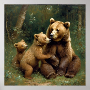 Mother Bear With Cubs in a Forest Setting Poster