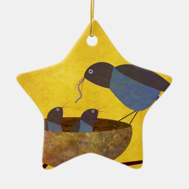 Mother Bird and Babies Ceramic Ornament (Front)