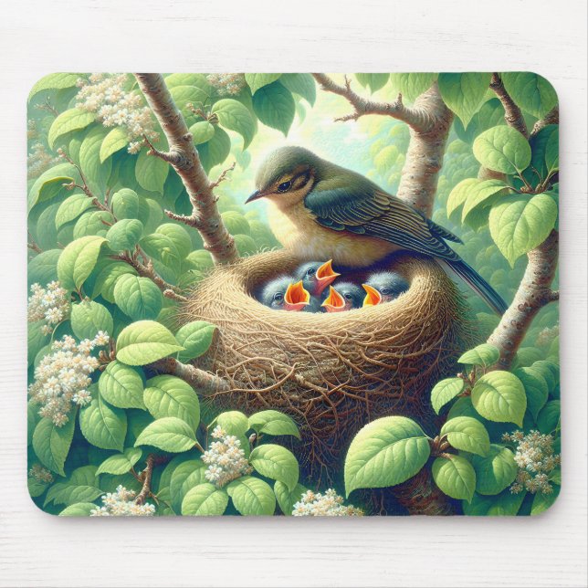 Mother Bird with Fledglings In Nest Mouse Pad (Front)