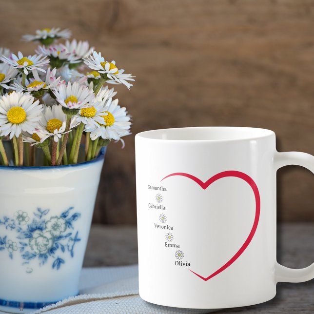 Mother Birthday Heart Daisy Flowers Custom 5 Names Coffee Mug (Creator Uploaded)