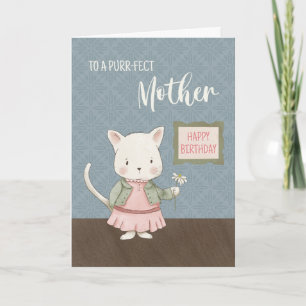 Mother Birthday Kitty in a Dress Holding Flower  Card