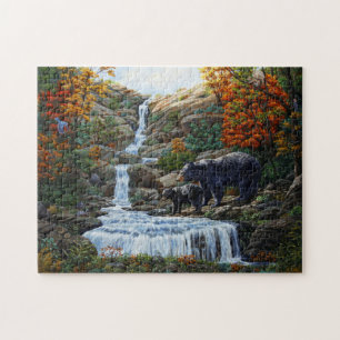 Mother Black Bear & Cub by Waterfall Jigsaw Puzzle