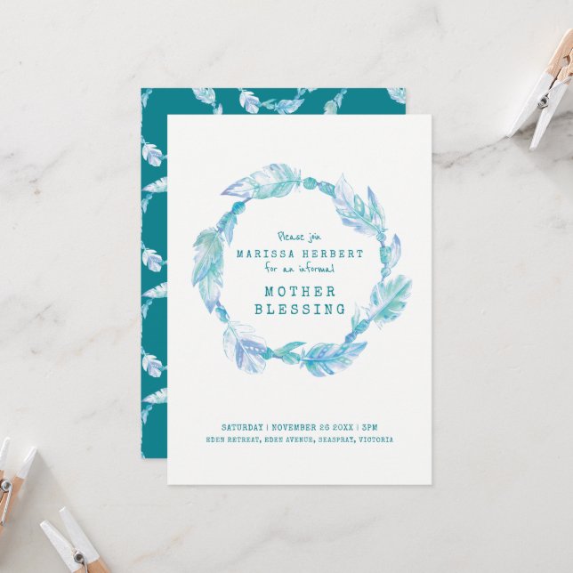 Mother blessing feather and beads teal aqua art invitation (Front/Back In Situ)