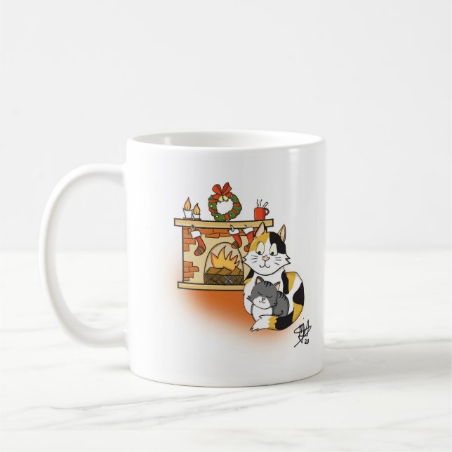 Mother Cat and Kitten Cosy Fireplace Christmas Coffee Mug (Left)