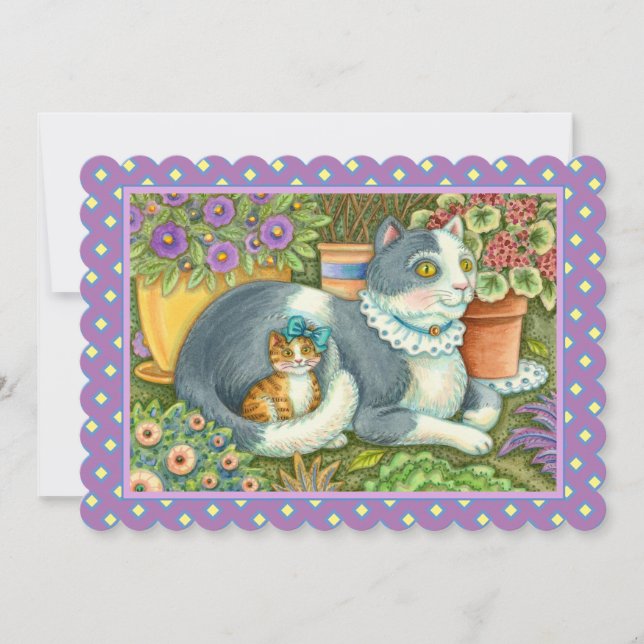 MOTHER CAT AND KITTEN, FLOWERS, BOWS & LACE Flat Card (Front)