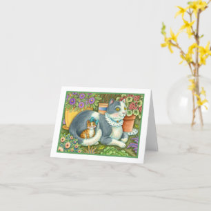 MOTHER CAT AND KITTEN, POTTED FLOWERS, BOWS & LACE CARD