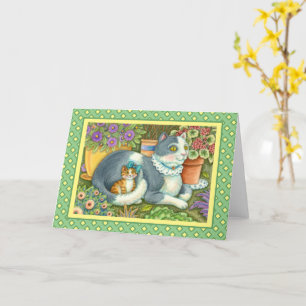 MOTHER CAT AND KITTEN, POTTED FLOWERS, BOWS & LACE CARD