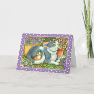 MOTHER CAT AND KITTEN, POTTED FLOWERS, BOWS & LACE HOLIDAY CARD
