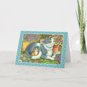 MOTHER CAT AND KITTEN, POTTED FLOWERS, BOWS & LACE HOLIDAY CARD