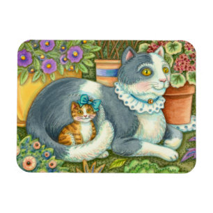 MOTHER CAT AND KITTEN, POTTED FLOWERS, BOWS & LACE MAGNET