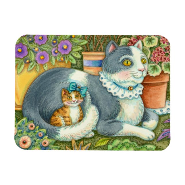 MOTHER CAT AND KITTEN, POTTED FLOWERS, BOWS & LACE MAGNET (Horizontal)