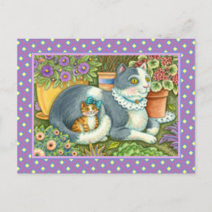 MOTHER CAT AND KITTEN, POTTED FLOWERS, BOWS & LACE POSTCARD