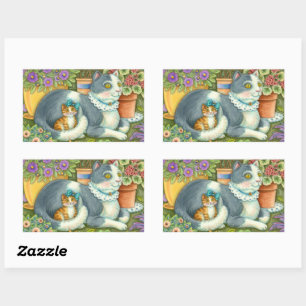 MOTHER CAT AND KITTEN, POTTED FLOWERS, BOWS & LACE RECTANGULAR STICKER